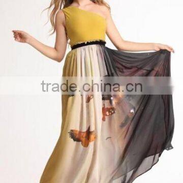 2015 New One-Shoulder Mixed Colour Chiffon Sleeveless Long Dress,lady casual dress