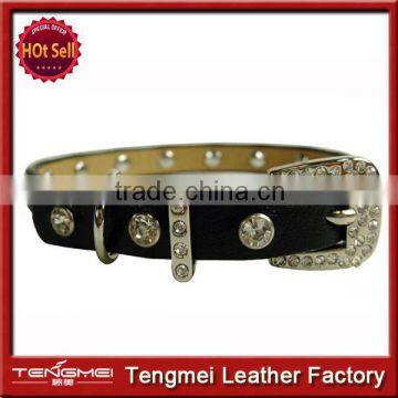 Black Genuine Leather Narrow Dog Collar With Rhinestone