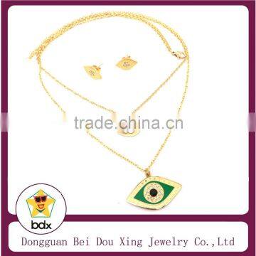 Best Selling Stylish Muslim Jewelry Stainless Steel Green Enamel Evil Eye Charm Pendant Earrings Necklace Womens Jewelry Set