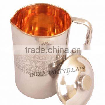IndianArtVilla Handmade Designer Steel Copper Jug Pitcher With Lid 1600 ML - Storage Drinking Water Home Hotel Restaurant