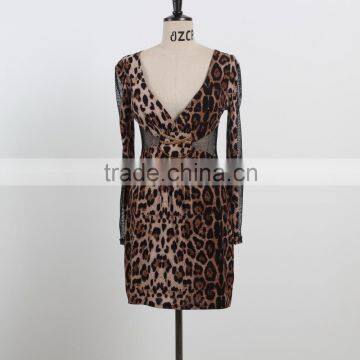 NEW ARRIVAL Sexy leopard bodycon dress 2016 deep V neck net dress custom dress supplier