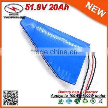 PVC Cased 52V 20Ah E-Bike Battery Pack 1500W Triangle Style EV Li-Ion Battery Pack with 2A Charger Electric Bag