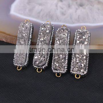 Silver Gray Agate Titanium Druzy Connector Beads, Rectangle Bar Pave Crystal Druzy Stone For Jewelry Making