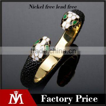Factory directly black leather punk bangle stainless steel gold jewelry antique snake bracelet