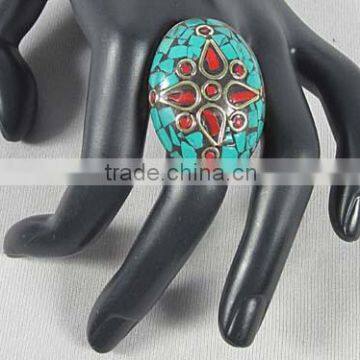 Mosaic Blue Ring Costume Fashion Women Jewelry India Brass Ring Big Ring Latest Design New Pattern,Indian Regional