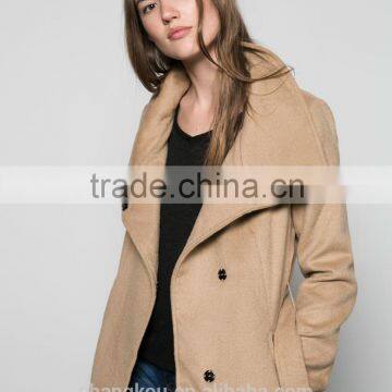 Guangzhou Factory supplier ladies long coat funnel neck belted Tan wool ladies coats pictures customized