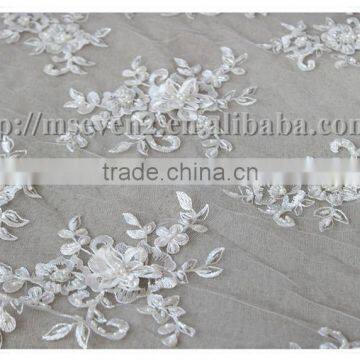 Pure White 3d Flower Lace Bride Pearls Flower Embroidery Lace Fabric