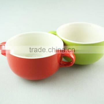 glazed round ceramic cup with two handles , cheap ceramic cup in stock