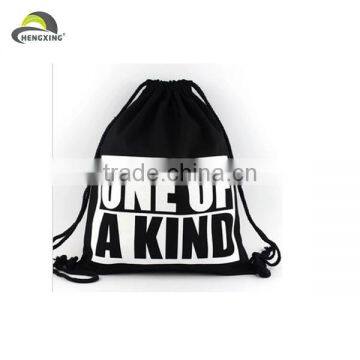 Black With White Print Drawstring Bagpacks, Sports Bag For Shoes