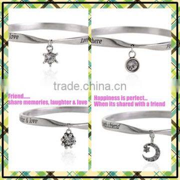 Custom twist words logo bangle mix diy small tags charm bangle cheap metal bangle free sample