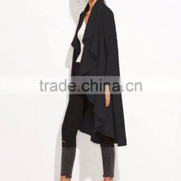 Black Drape Front Dip Hem Waterfall Coat 100% Polyester Long Sleeve Casual Knee Length Opening Dress photo-3