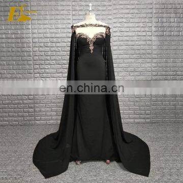 High Quality Mermaid Beaded Embroidery Black Evening Dresses With Cape