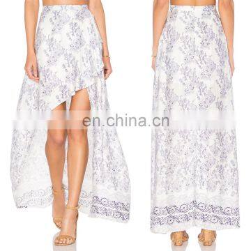 Fashion new design wrap ruffled high low print silver lady skirt with tail