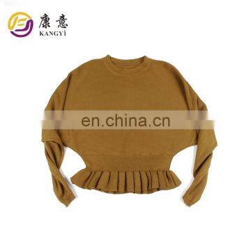 Pure Color Knitted Pullover Sweater for Girl with Pleated Hem