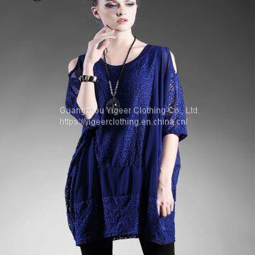 Short Sleeve Lace Splicing Plus Size Hollowed Women's Top Blouses