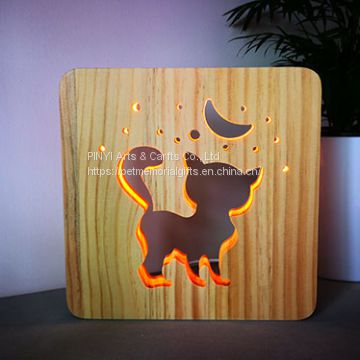 Carved Fancy and Warm Pets Personal Memorial Gifts Wooden LED Cat and Moon Light