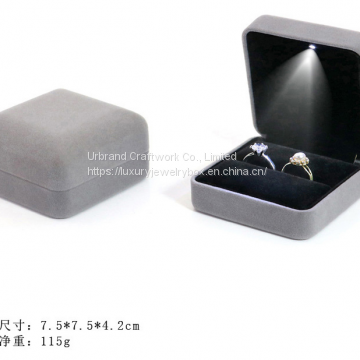 Grey velvet couple rings box with LED light, LED double rings gift packaging box with custom logo