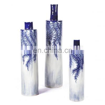 New Chinese Blue Willow Leaf Porcelain Vase Set Decorative Ceramic Jar with Lid For Home Decoration