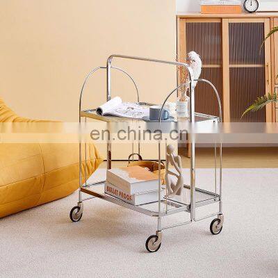 New Design Mobile Fashionable Loading Stainless Steel Waiter Trolley Foldable Coffee Side Mirror Glass Tea Bar Trolley Cart