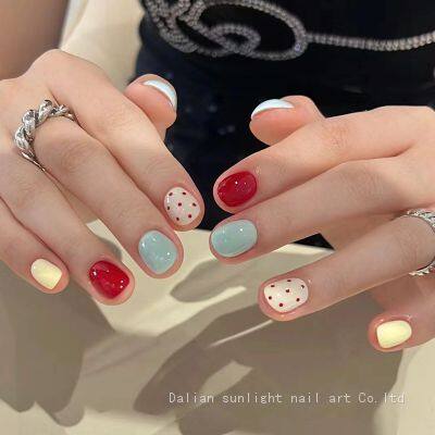 Wear nail tips cute polka dots detachable short square nail tips retro playful fake nails SUQH