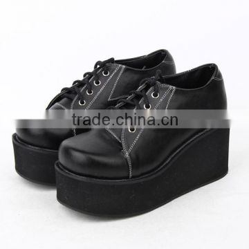 Fancy 8 cm thick bottom black lace up women lolita leather shoes