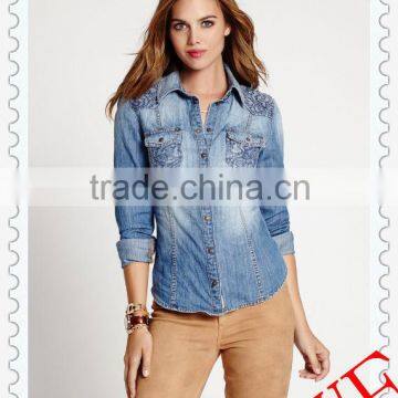 2014 autumn women's long sleeve lab washed denim slim-fit fashion shirt with lace