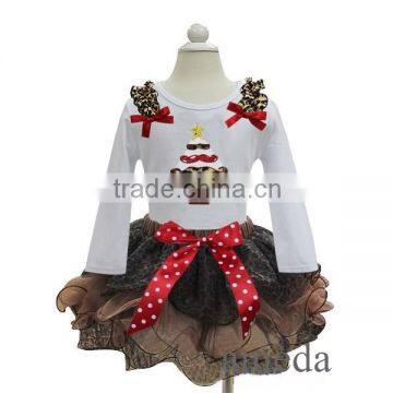 Leopard Petal Tutu with Xmas Red Polka Dots Leopard Mustache Tree White Long Sleeves Tee