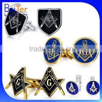 Gold Plated Black Enamel Mens Accessories Stainless Steel Masonry Cuff Links Masonic Cufflinks