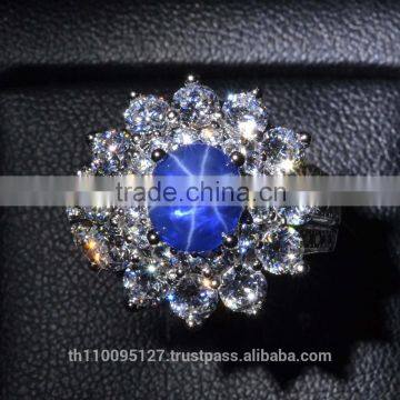 8x6 MM Blue Star Sapphire Ring Lab-Created Sterling Silver 92.5 Size 6.75