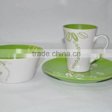 Green color 3pcs stoneware breakfast set