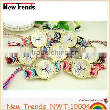 New arival fashion colorful string weaved tree design quartz lady watch