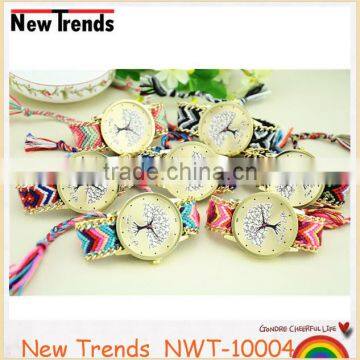 New Arival Fashion Colorful String Weaved Tree Design Quartz Lady Watch