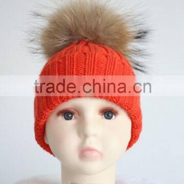 High quality Baby Handmade Cute Hats For Kids With Raccoon Fur Balls Knitted Baby Kids Hats