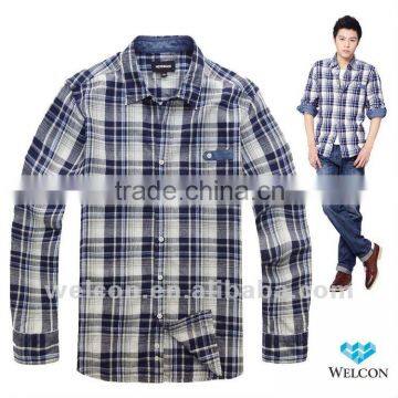 Long sleeve latest brand design European style slim fit casual plaids fancy fashion cotton linen denim shirt for men