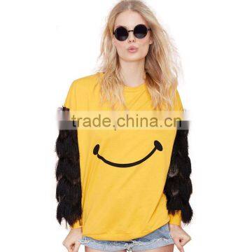 2016 New Spring Design Cartoon Smiling Face Hollow Out Tassels Sleeves Women Hoodies HDY-142168392