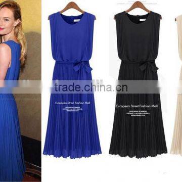 Summer Women New Work Wear Elegant Slim Royal Blue Sleeveless Back Zipper Belt Pleated Party Chiffon Long Dresses Plus Size