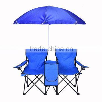 camping double folding chairs with umbrella and cooler