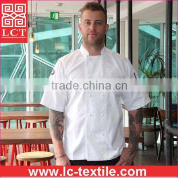 supply twill weave gabardine for long lasting wear short sleeve chef uniform equipped with 10 stud buttons(LCTU0021)