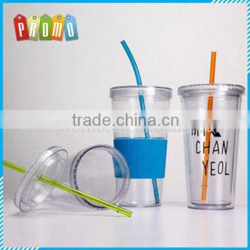 560ML Double Wall Plastic Cup With Straw, 16oz Plastic Cup With Straw