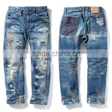 High quality vintage wash distressed Japanese selvedge jeans denim selvedge denim jeans(LOTR001)