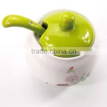 Set Of 3 White Flower Printed Round Ceramic Spice Container Spice Jar With Lid photo-5