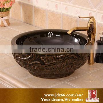 Beautiful black relief art for home decoration ceramic lotus flower bathroom sink