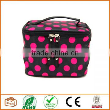 Double Layer Cosmetic Bag Black with Pink Dot Travel Toiletry Cosmetic Makeup Bag Organizer With Mirror