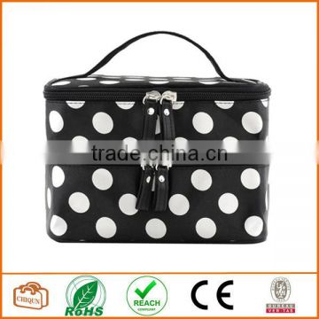 Double Layer Cosmetic Bag Black with White Dot Travel Toiletry Cosmetic Makeup Bag Organizer With Mirror