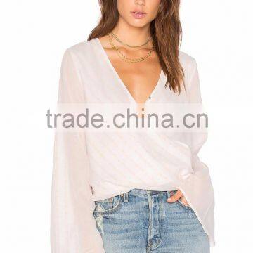 latest design women wrap top long bell sleeve smart lady tops and blouses