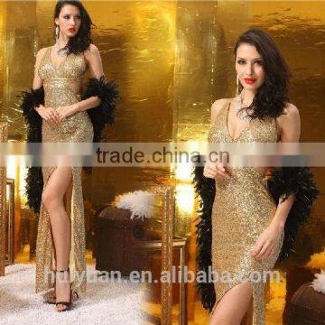 sexy long halter neck beaded golden night evening dress