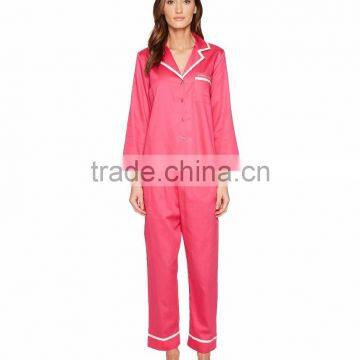 Contrast Piping Long Sleeves Pyjamas Set Notched Collar Left Chest Pocket Pink Silk Satin Sleepwear photo-6