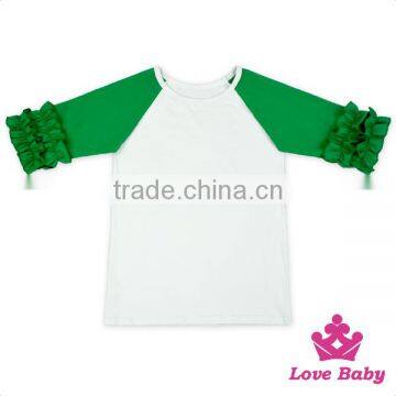 High Quality Raglan Sleeve Soft Cotton White Tops Fabric With Ruffle Green Sleeves Kids Girls Clothing photo-1