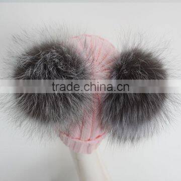 Myfur Baby Pink Wool Ribbed Knit Hat With Removable Silver Fox Fur Pom Poms photo-5