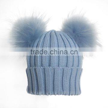 Myfur Baby Blue Wool Crochet Knitted Hats with Double Removable Raccoon Fur Balls